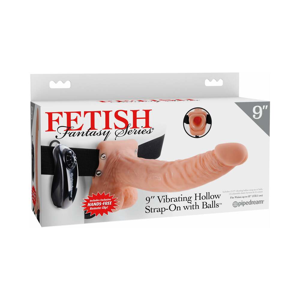 Fetish Fantasy Series 9 in. Vibrating Hollow Strap-On with Balls Beige/Black - Fantasies Boutique