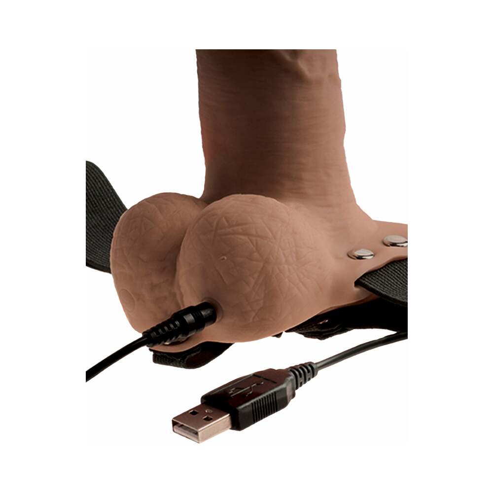 Fetish Fantasy Series Rechargeable Vibrating 6 in. Hollow Strap-On With Balls Tan/Black - Fantasies Boutique