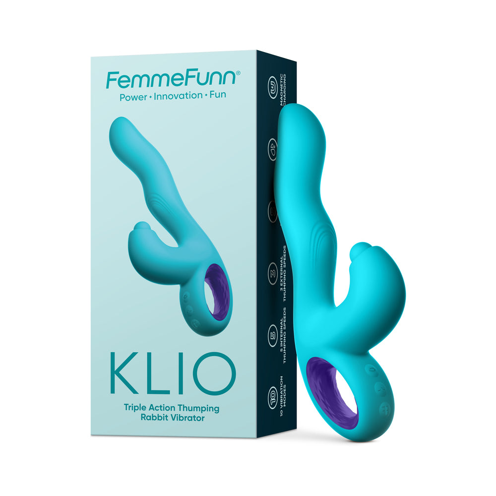 FemmeFunn Klio Rechargeable Silicone Triple Action Thumping Rabbit Vibrator Turquoise - Fantasies Boutique