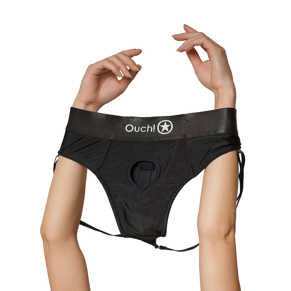 Ouch! Vibrating Strap-on Panty Harness with Open Back Black XS/S - Fantasies Boutique