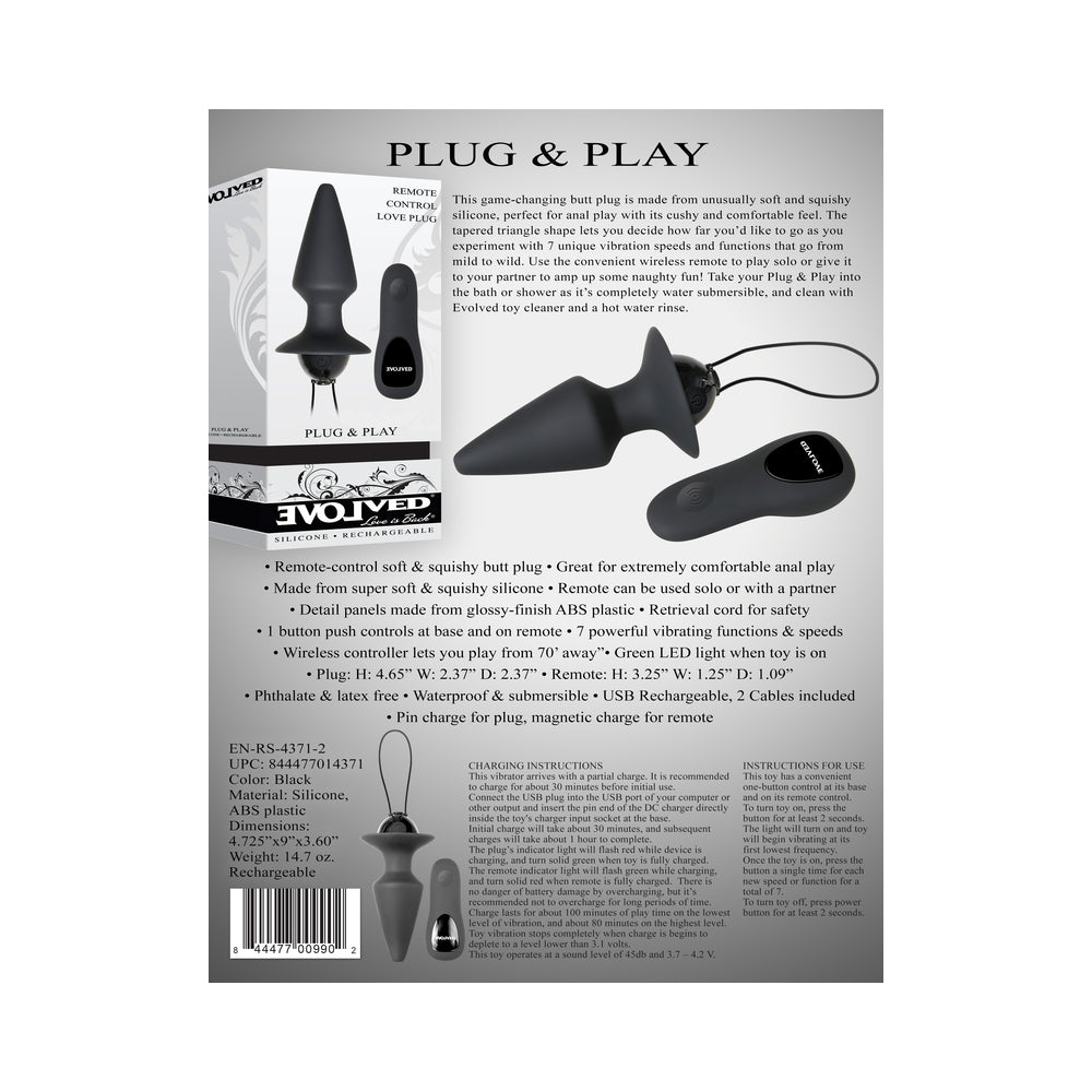 Evolved Plug & Play Rechargeable Remote-Controlled Vibrating Silicone Anal Plug Black - Fantasies Boutique