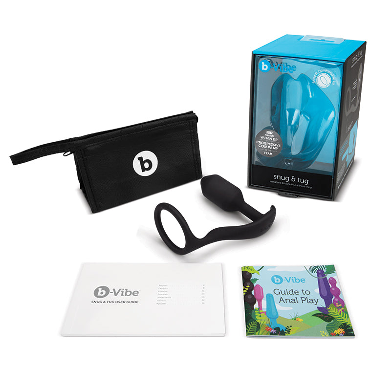 b-Vibe Snug & Tug Weighted Silicone Anal Plug with Cockring Black - Fantasies Boutique