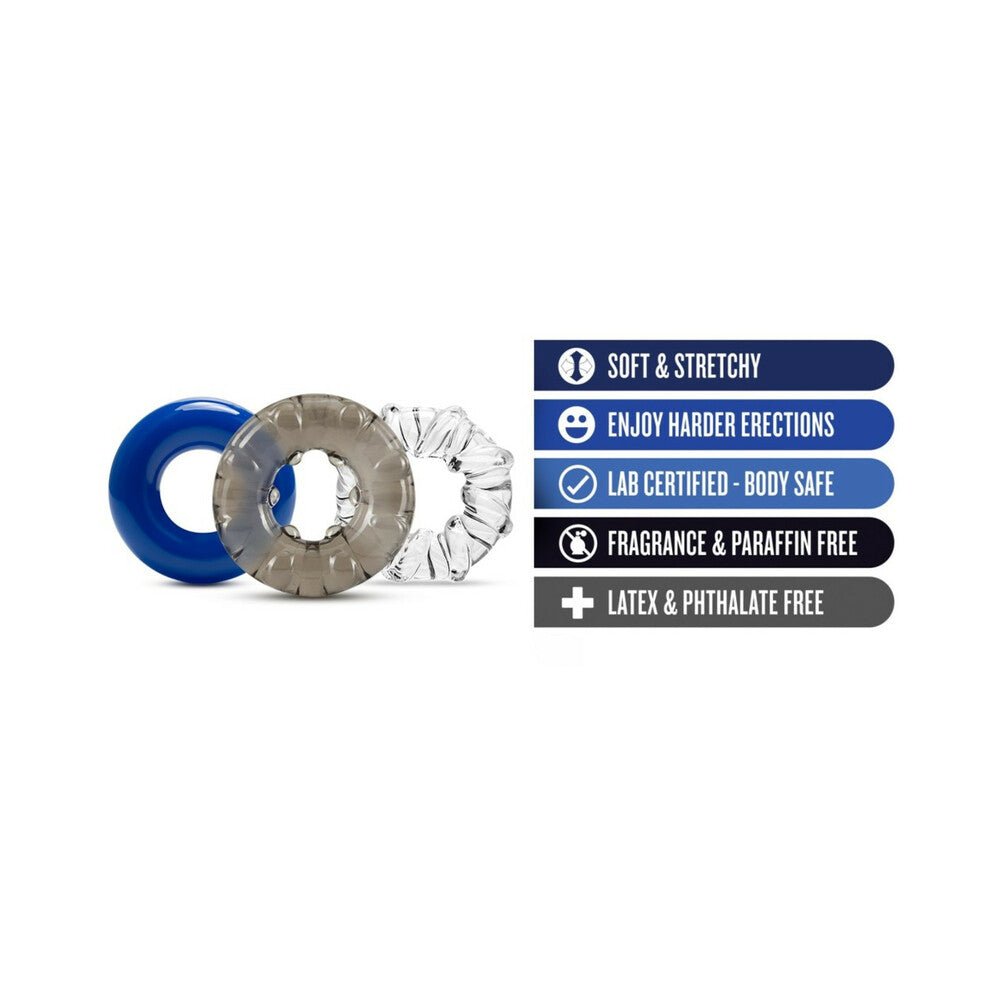 Blush Stay Hard Triple Stretch Cockrings 3-Pack Assorted Colors - Fantasies Boutique