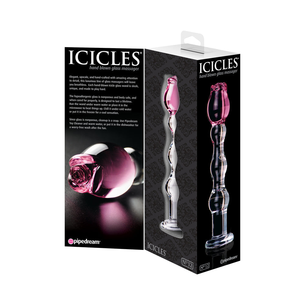 Icicles No. 12 Glass Massager with Rose Head Pink/Clear - Fantasies Boutique