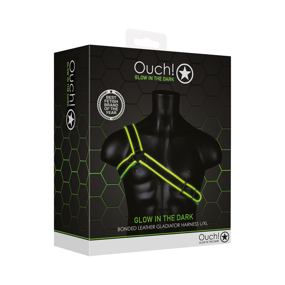 Ouch! Glow in the Dark Bonded Leather Gladiator Harness Neon Green L/XL - Fantasies Boutique