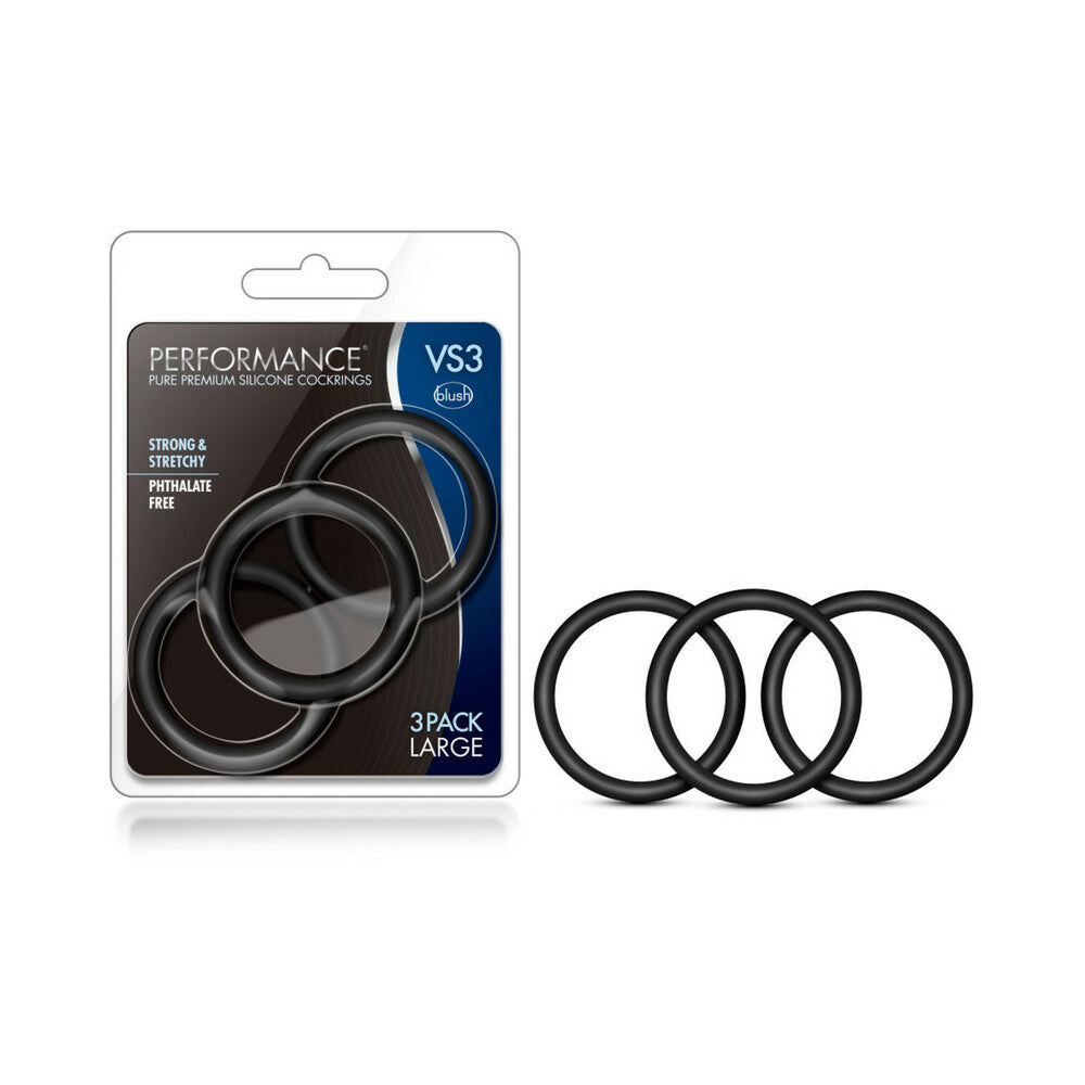 Blush Performance VS3 Pure Premium Silicone Cockrings 3-Pack Large Black - Fantasies Boutique