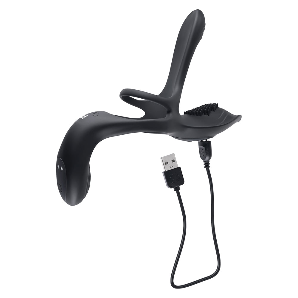 Playboy The 3 Way Rechargeable Remote Controlled Vibrating Silicone Cockring with Stimulator Black - Fantasies Boutique