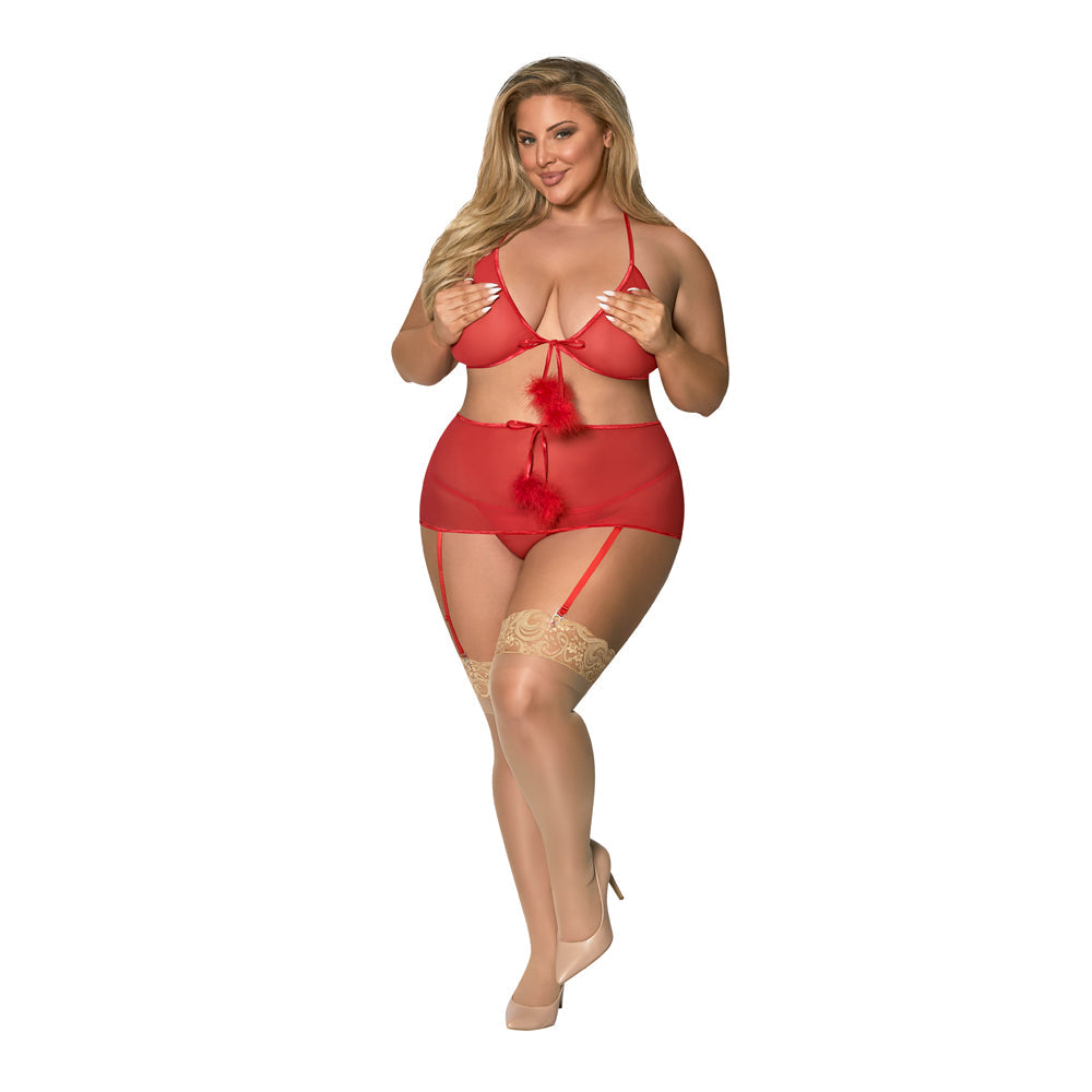 Magic Silk Marabou Bra, Garter Skirt & G-String Set Red QUEEN - Fantasies Boutique