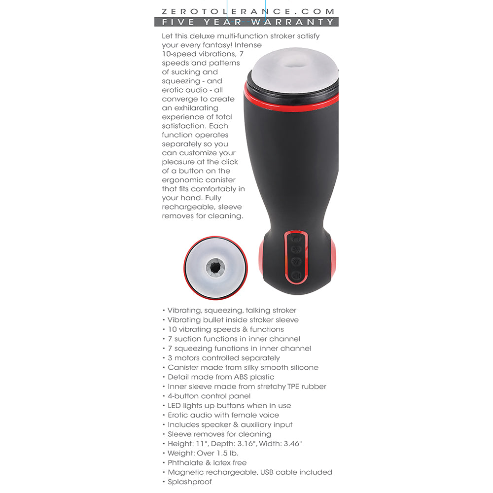 Zero Tolerance Tight Squeeze Rechargeable Vibrating Squeezing Talking Stroker TPE Black/Red - Fantasies Boutique