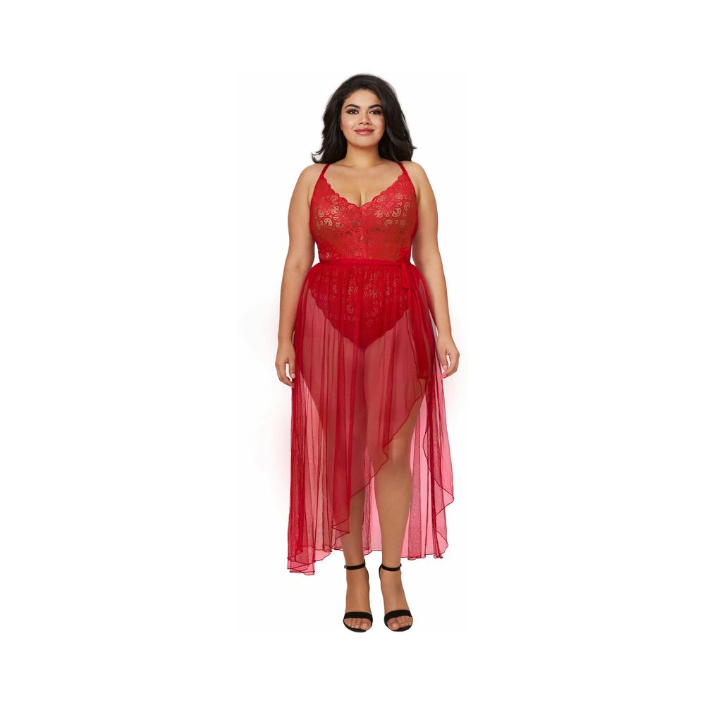 Dreamgirl Dreamgirl Teddy & Sheer Mesh Maxi Skirt With G-String Rouge Queen 2X Hanging - Fantasies Boutique
