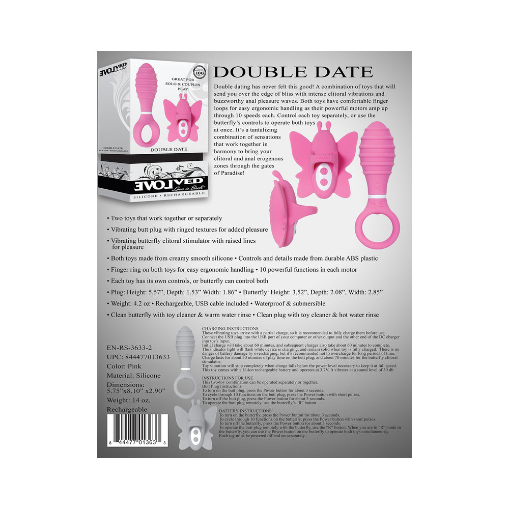 Evolved Double Date Rechargeable Silicone Vibrating Anal Plug and Clit Stimulator Couples Set Pink - Fantasies Boutique
