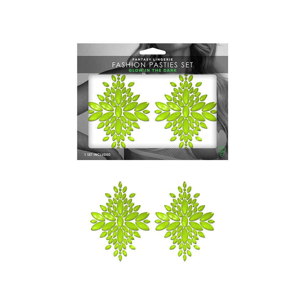 Fantasy Lingerie Glow-In-The-Dark Crystal 1 Pair Jeweled Pasties Neon Green O/S - Fantasies Boutique