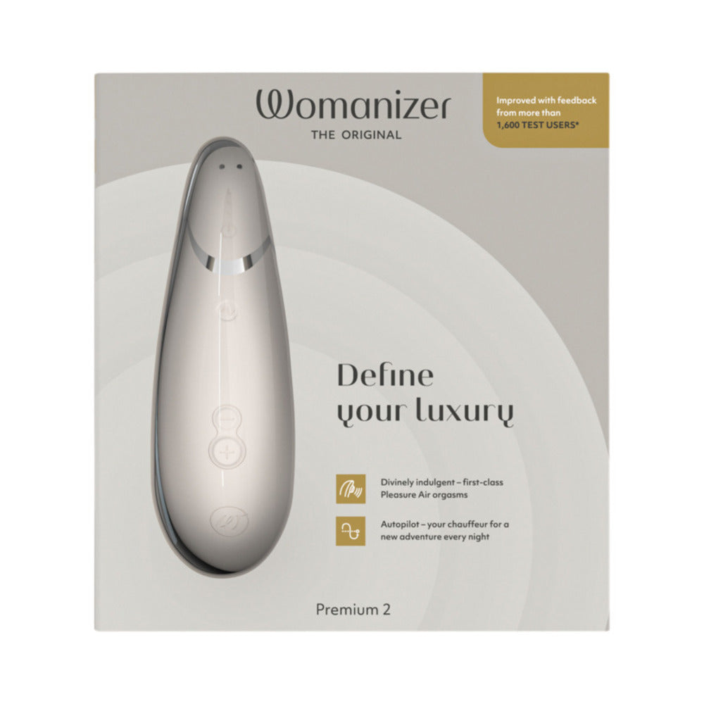 Womanizer Premium 2 Rechargeable Silicone Luxurious Pleasure Air Clitoral Stimulator Warm Gray - Fantasies Boutique