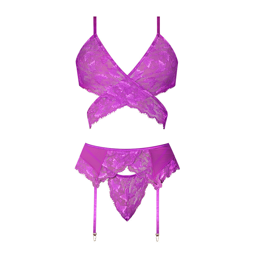 Magic Silk Butterfly Fantasies Bra, Garter & Thong Set Neon Purple S/M