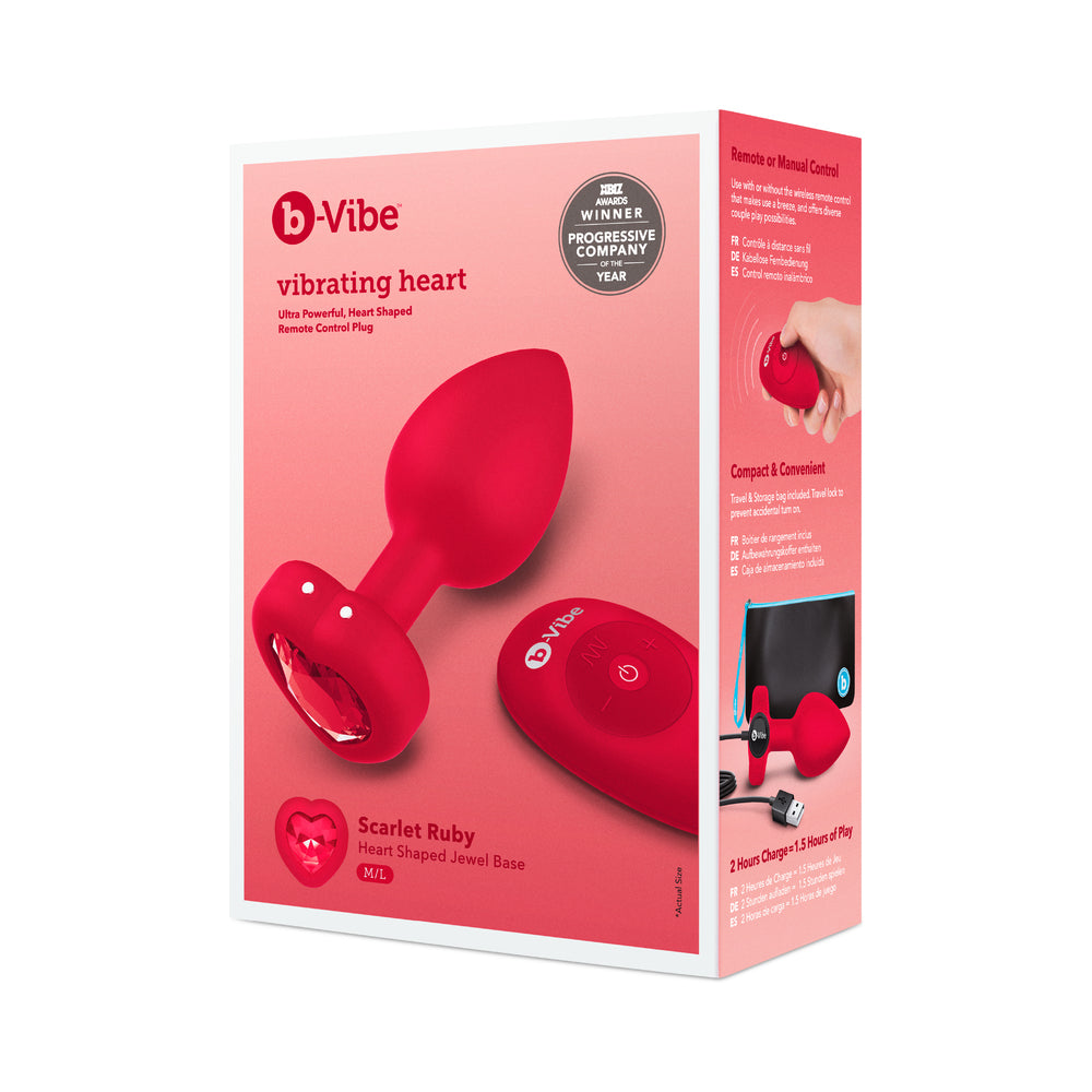 b-Vibe Vibrating Heart Anal Plug with Heart-Shaped Jewel Base M/L Red - Fantasies Boutique