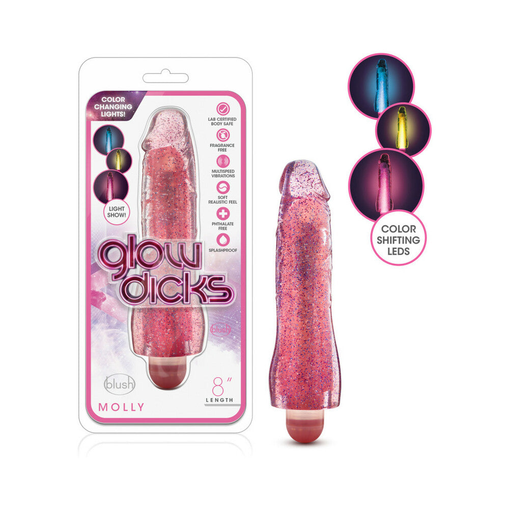 Blush Glow Dicks Molly Color Changing 8 in. Vibrating Dildo Glitter Pink - Fantasies Boutique