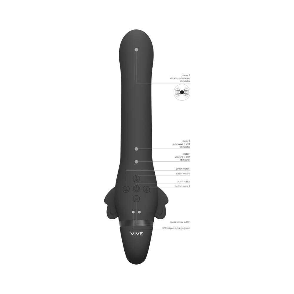 VIVE SATU Rechargeable Triple Motor Pulse-Wave Vibrating Silicone Strapless Strap-On Black - Fantasies Boutique