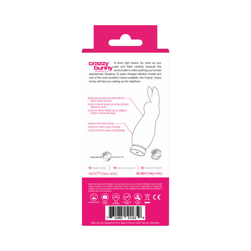 VeDO Crazzy Bunny Rechargeable Mini Vibe - Pretty In Pink - Fantasies Boutique