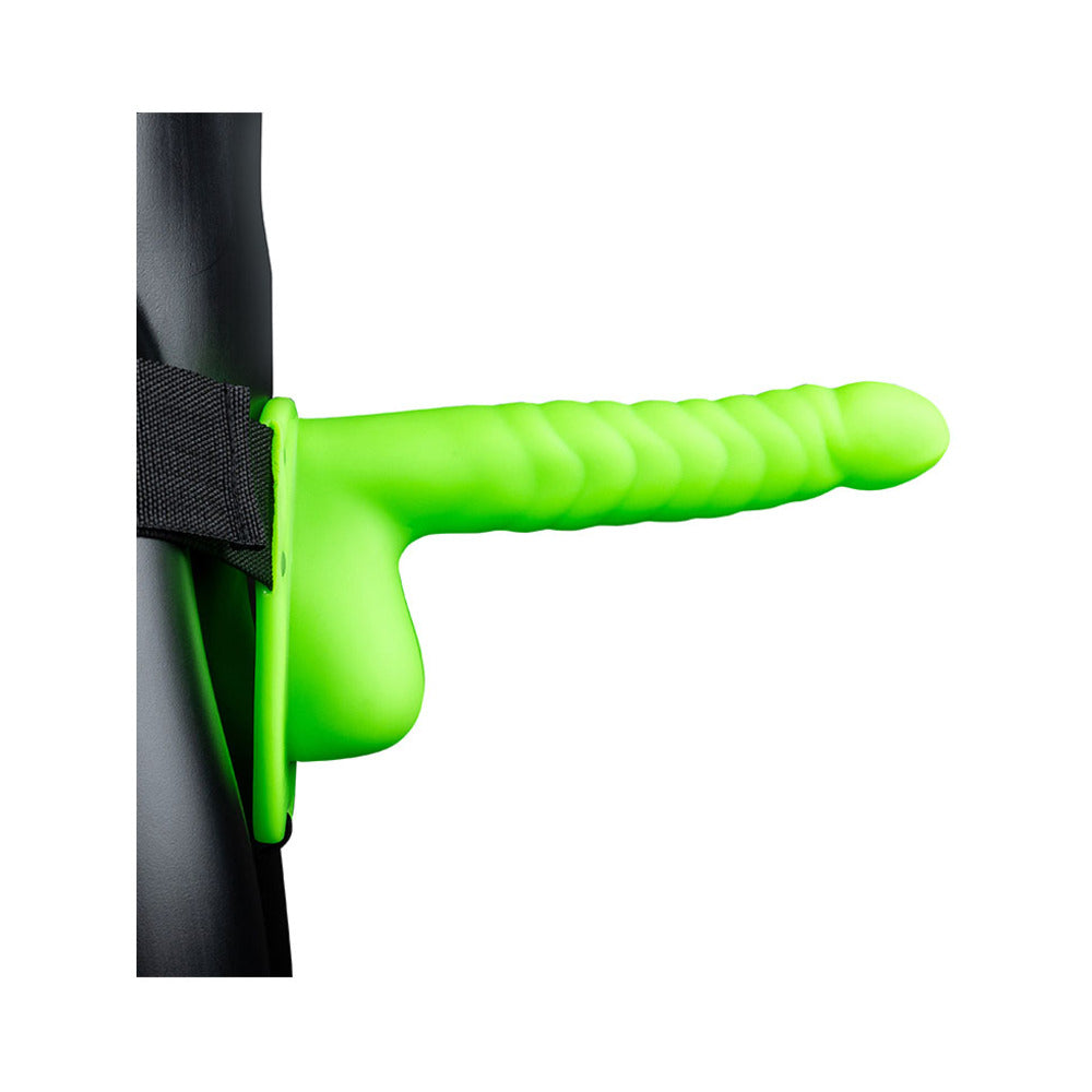 Ouch! Ribbed 8 in. Glow in the Dark Hollow Strap-On with Balls Neon Green - Fantasies Boutique