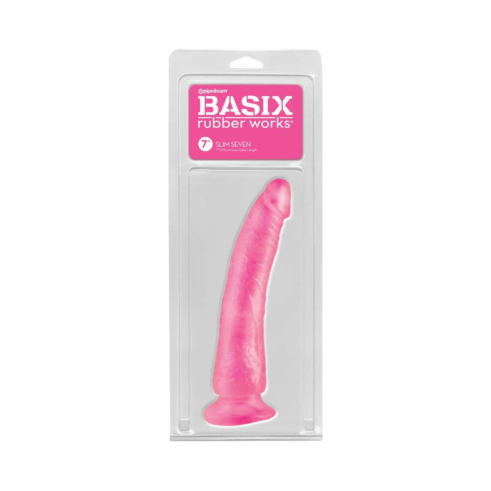 Pipedream Basix Rubber Works Slim Seven 7 in. Dildo With Suction Cup Pink - Fantasies Boutique