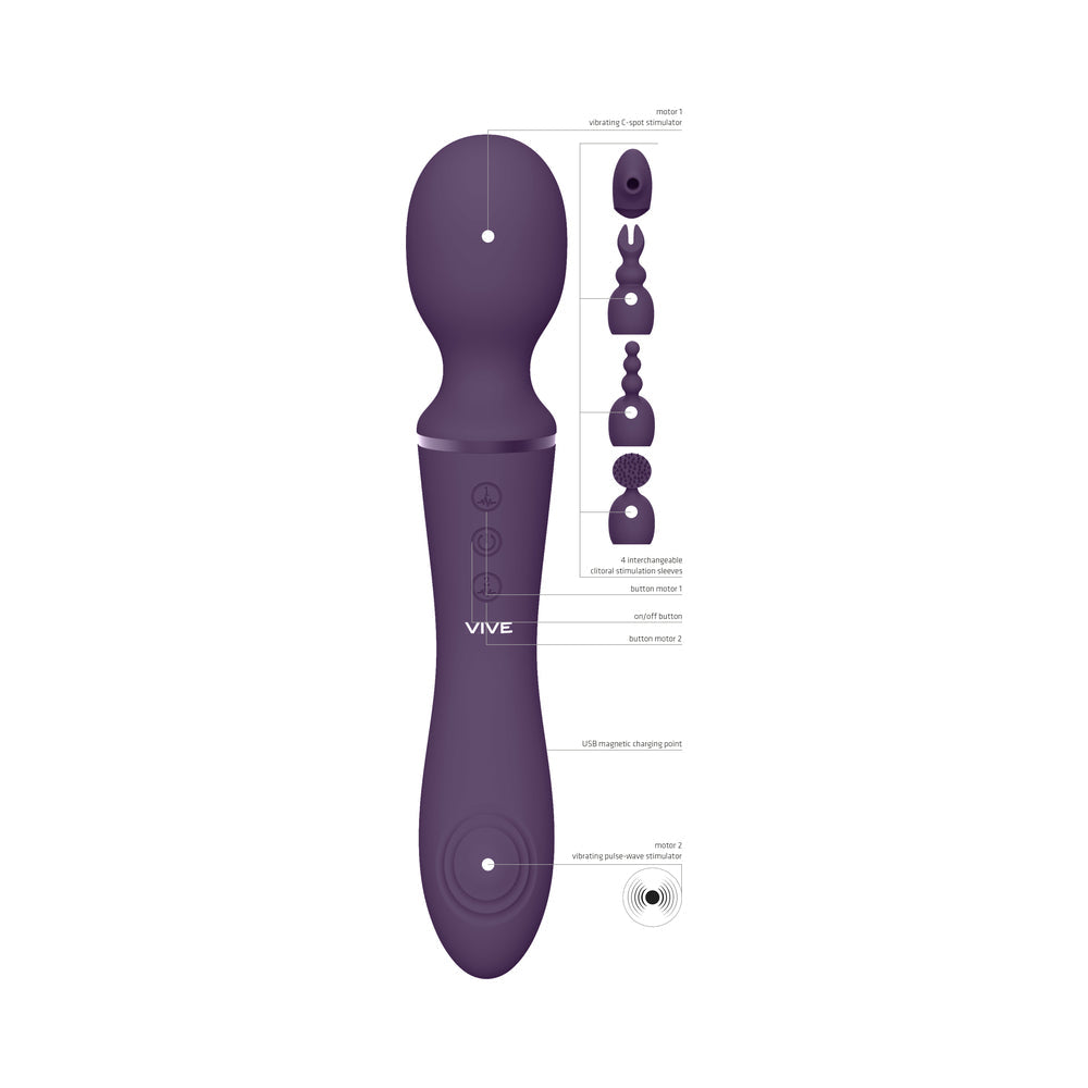 VIVE NAMI Dual-Ended Pulse Wave & Vibrating Wand With Interchangeable Sleeves Purple - Fantasies Boutique