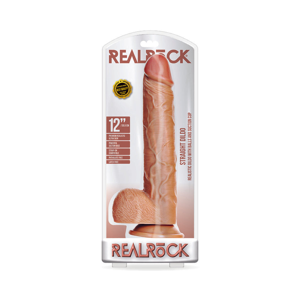 RealRock Realistic 12 in. Straight Dildo With Balls and Suction Cup Tan - Fantasies Boutique