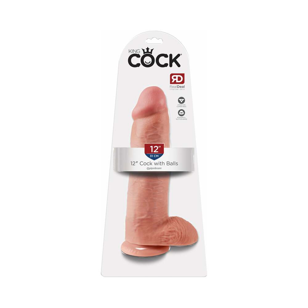 King Cock 12 in. Cock With Balls Realistic Suction Cup Dildo Beige - Fantasies Boutique