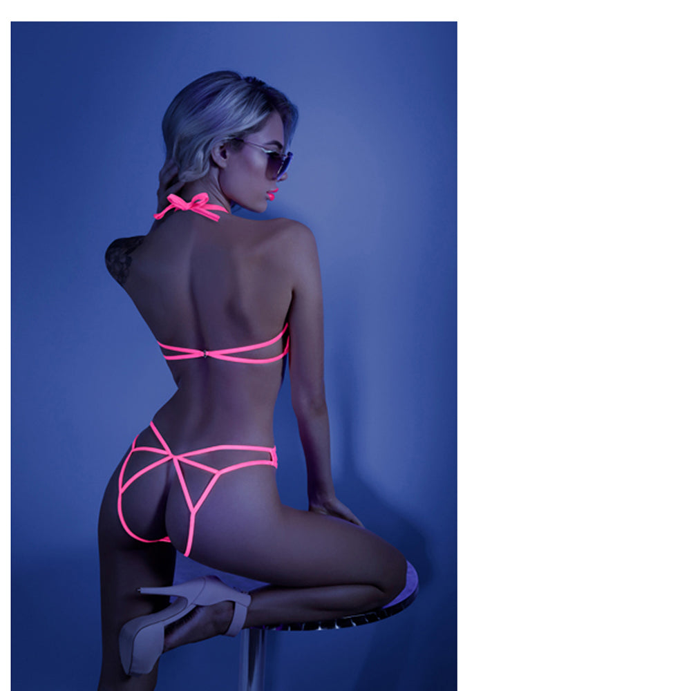 Fantasy Lingerie Glow Impress Me Lace Bodysuit With Open-Cage Back Neon Pink M/L - Fantasies Boutique