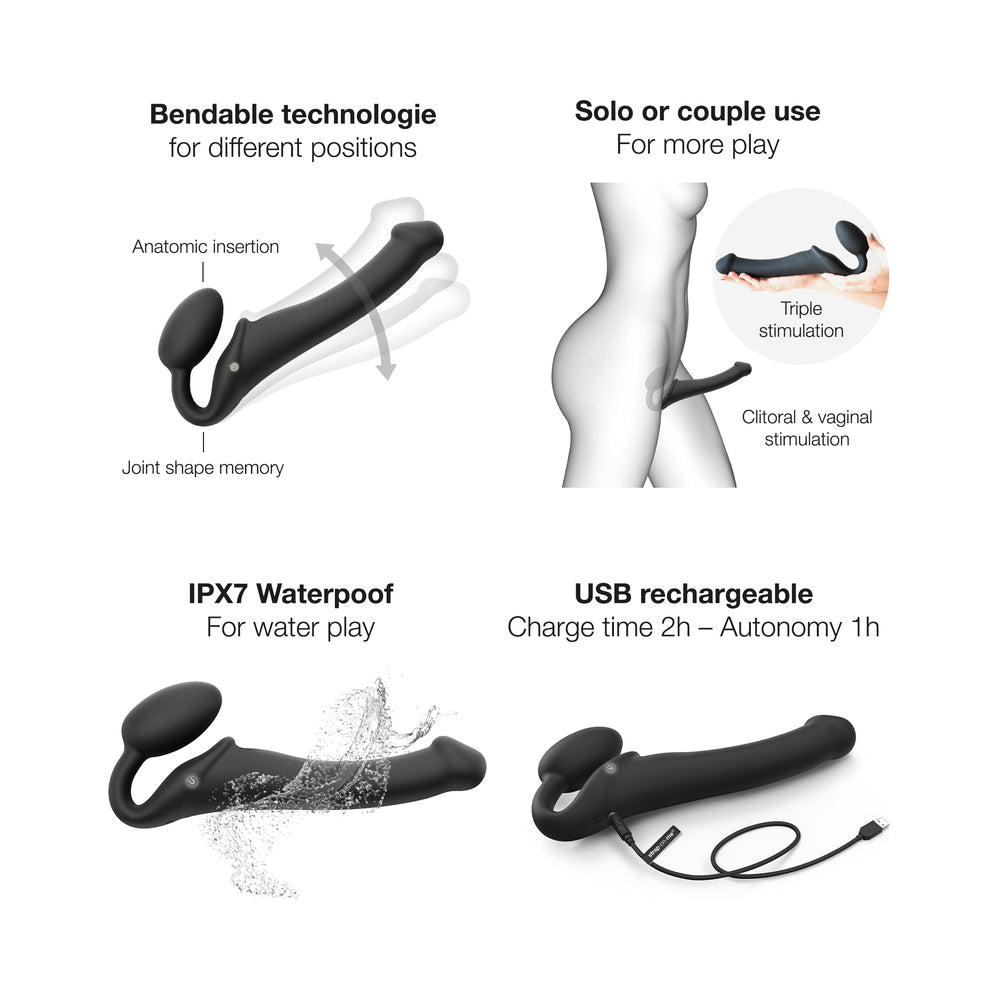Strap-On-Me Rechargeable Remote-Controlled Silicone Vibrating Bendable Strap-On Black M - Fantasies Boutique