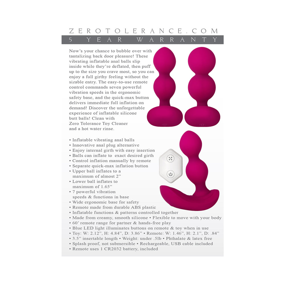 Zero Tolerance Bubble Butt Inflatable Vibrating Beaded Anal Plug Pink - Fantasies Boutique