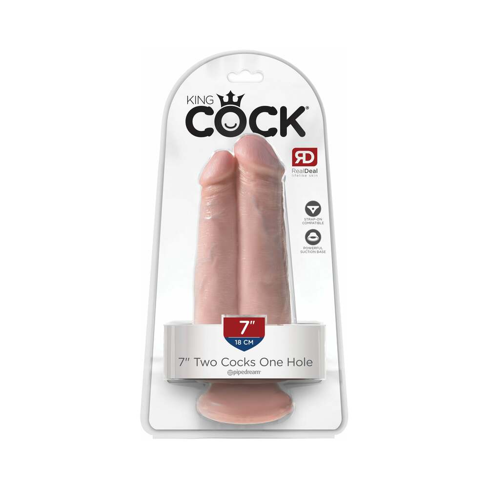 King Cock 7 in. Two Cocks One Hole Dual Dildo With Suction Cup Beige - Fantasies Boutique