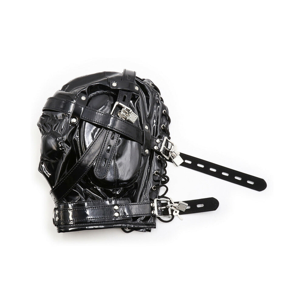 Ple'sur Shiny Pleather Locking Deprivation Hood With Single Nose Hole Black Bag Packaging - Fantasies Boutique
