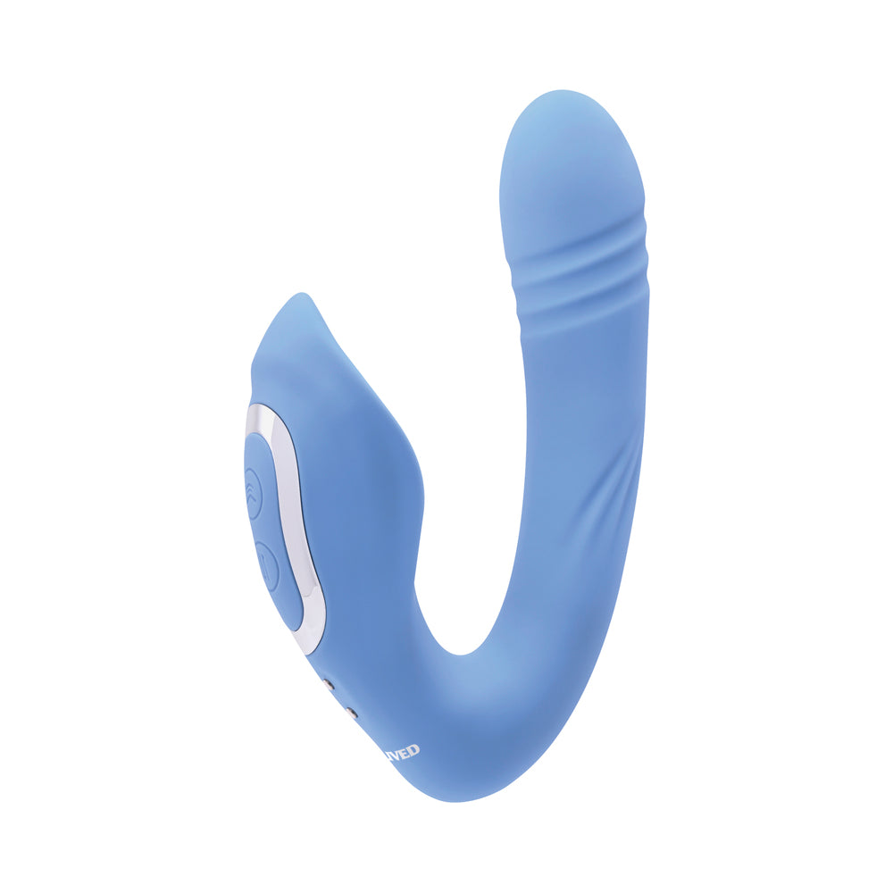 Evolved Tap & Thrust Rechargeable Thrusting Pulsing Silicone Dual Stimulator Blue - Fantasies Boutique
