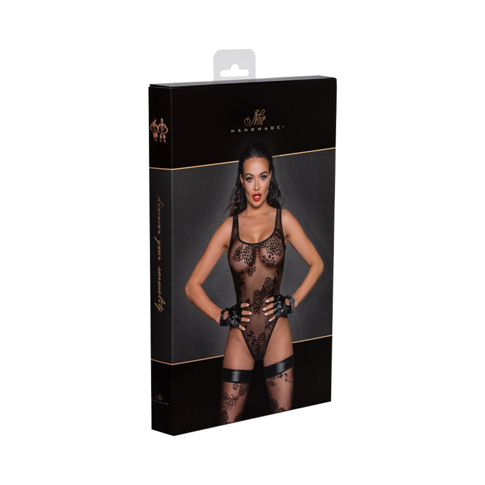 Noir Handmade Tulle Bodysuit With Patterned Flock Embroidery M - Fantasies Boutique