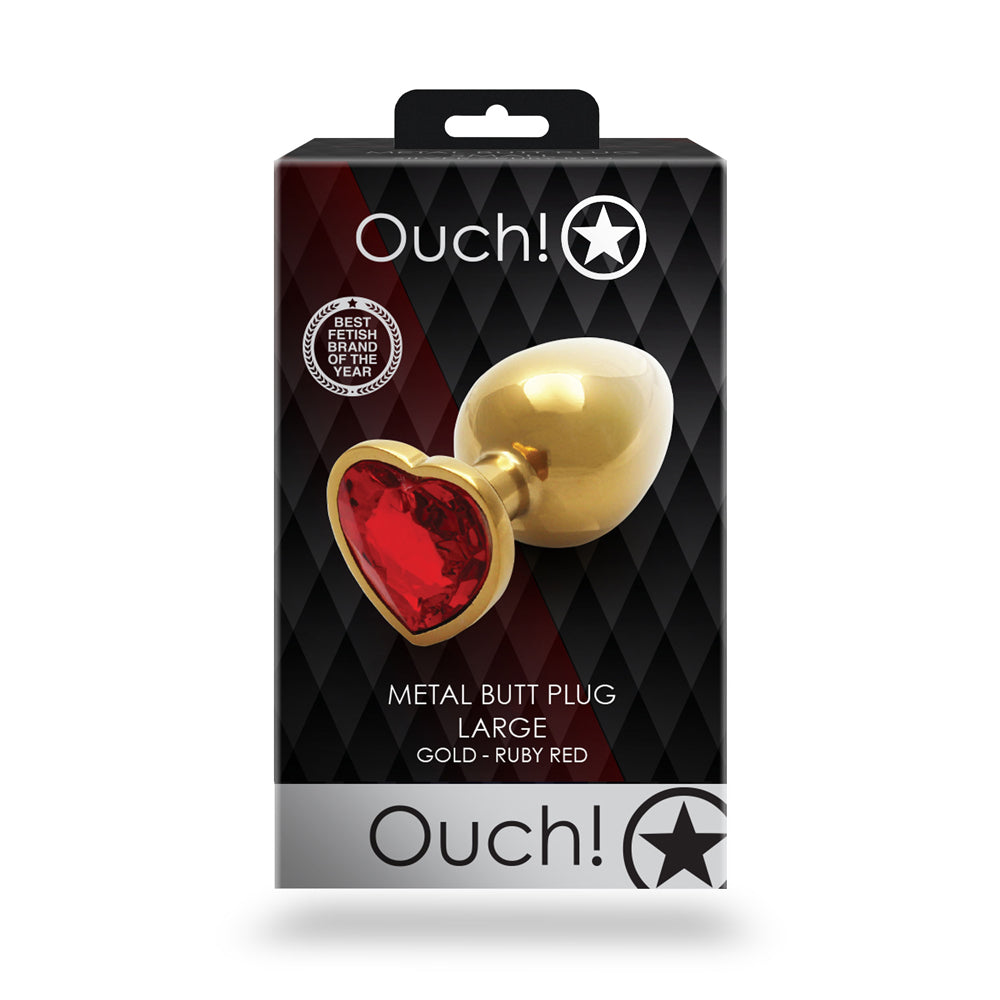 Shots Ouch! Heart Gem Butt Plug Large Gold/Ruby Red - Fantasies Boutique