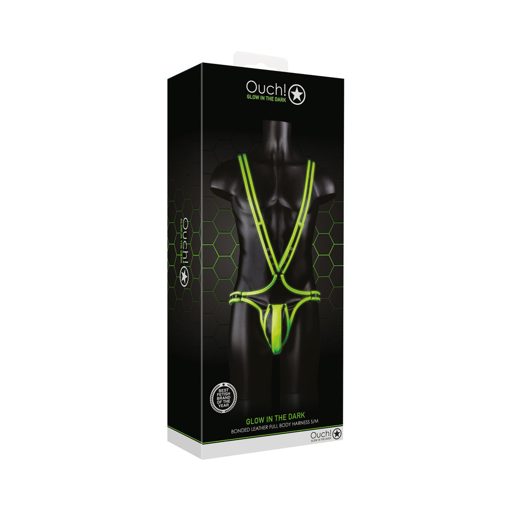 Ouch! Glow in the Dark Bonded Leather Full-Body Harness Neon Green S/M - Fantasies Boutique