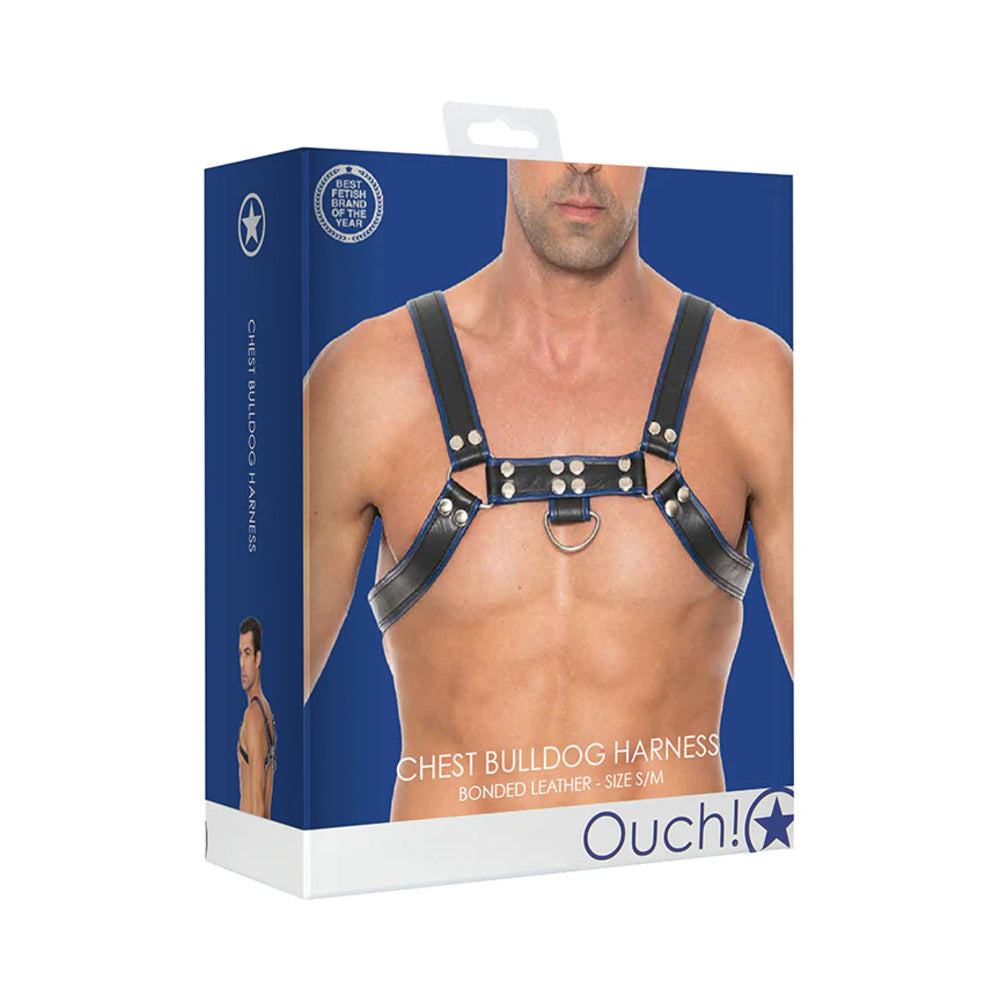 Ouch! Bonded Leather Chest Bulldog Harness Blue S/M - Fantasies Boutique