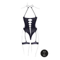 Le Desir Shade Metis XVI Bodysuit with Garters & Crossed Neckline Black O/S