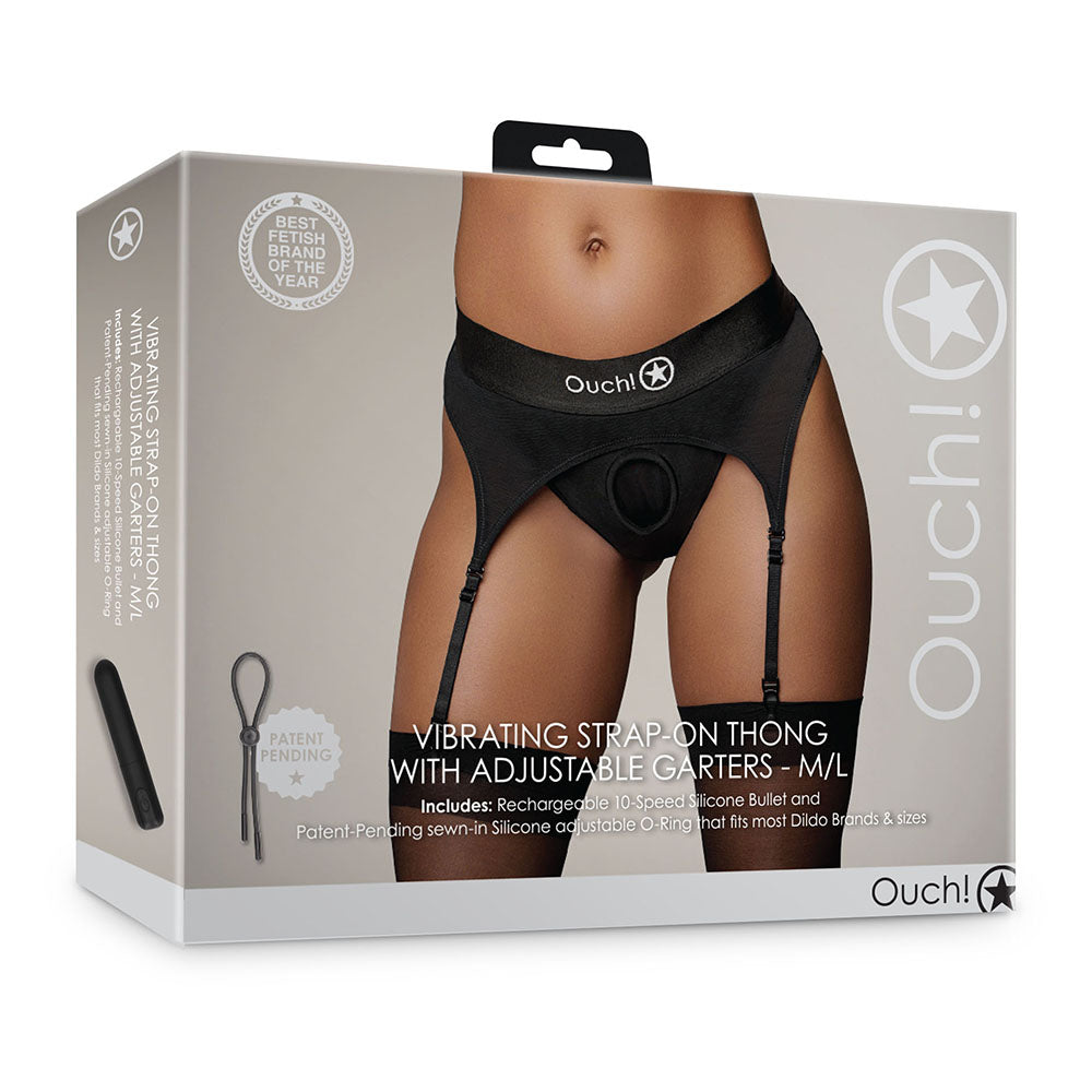 Ouch! Vibrating Strap-on Thong with Adjustable Garters Black M/L - Fantasies Boutique