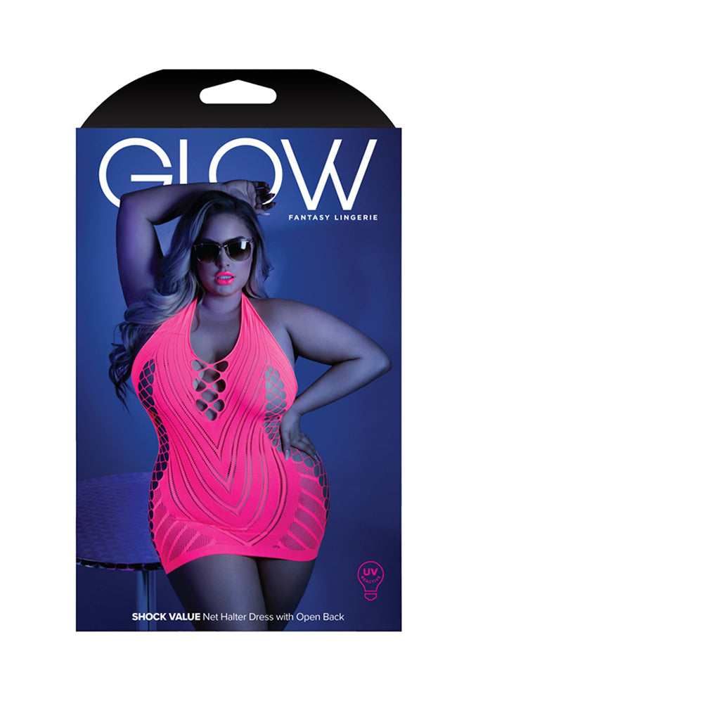 Fantasy Lingerie Glow Shock Value Net Halter Dress Neon Pink Queen Size - Fantasies Boutique