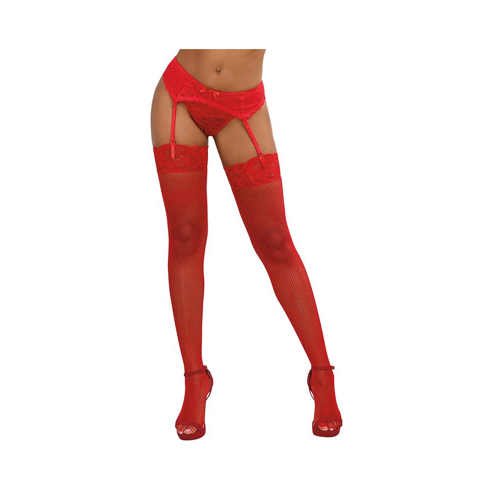 Dreamgirl Fishnet Thigh-High Stockings With Lace Top Red OS - Fantasies Boutique