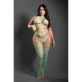 Fantasy Lingerie Sheer Heart Of Glass Lace Knit Halter Tie Top, G-String & Gartered Stockings Seaglass Green Queen Size
