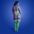 Fantasy Lingerie Glow Adrenaline Halter Teddy & Stockings in Rhinestone Fishnet Queen Size