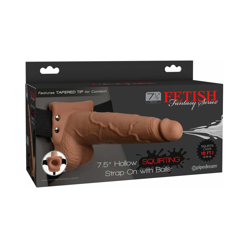 Fetish Fantasy Series 7.5 in. Hollow Squirting Strap-On With Balls Tan/Black - Fantasies Boutique
