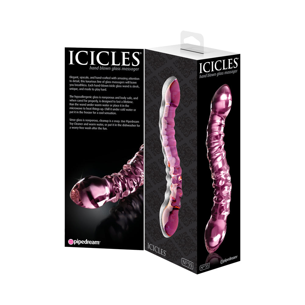 Pipedream Icicles No. 55 Curved Textured 7.75 in. Dual-Ended Glass Dildo Pink - Fantasies Boutique