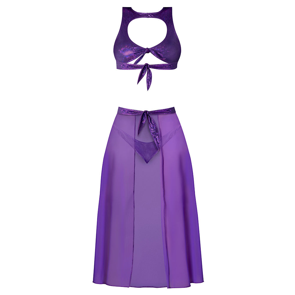 Magic Silk Glimmer High Neck Crop Top, Flowy Skirt & Tanga Set Purple Disco S/M