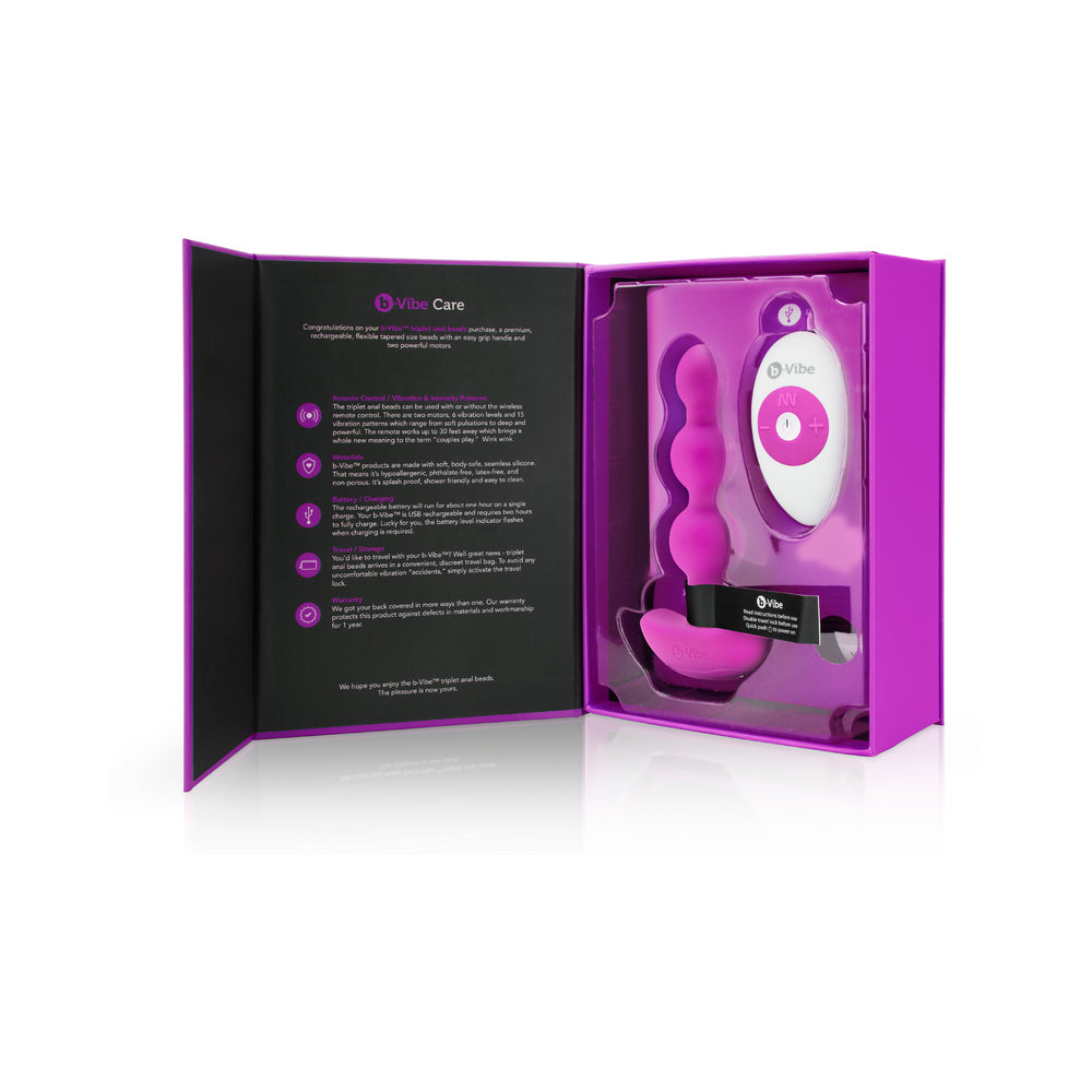 b-Vibe Triplet Rechargeable Remote-Controlled Vibrating Anal Beads Plug Fuchsia - Fantasies Boutique