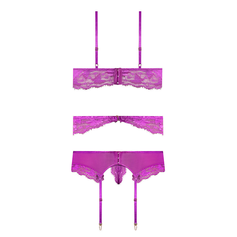 Magic Silk Butterfly Fantasies Bra, Garter & Thong Set Neon Purple Queen Size