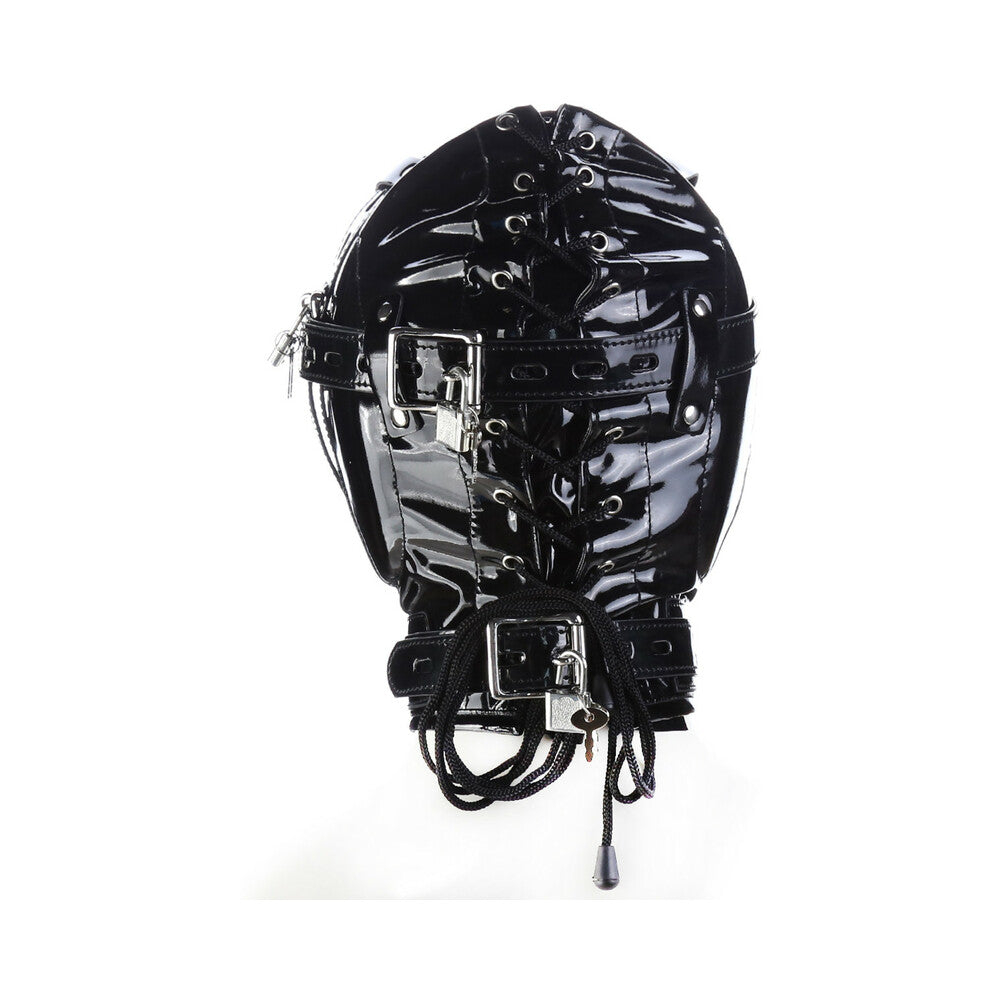 Ple'sur Shiny Pleather Locking Deprivation Hood With Single Nose Hole Black Bag Packaging - Fantasies Boutique
