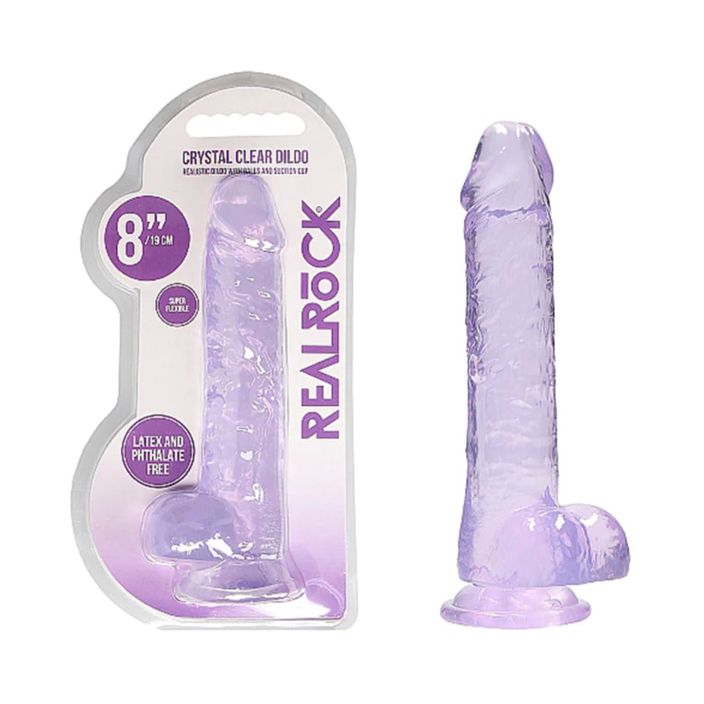 RealRock Crystal Clear Realistic 8 in. Dildo With Balls and Suction Cup Purple - Fantasies Boutique